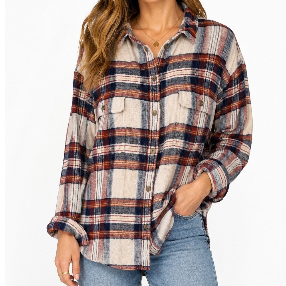 American Eagle AEO Womens L Plaid Flannel Button Down Shirt Oversized Casual Top